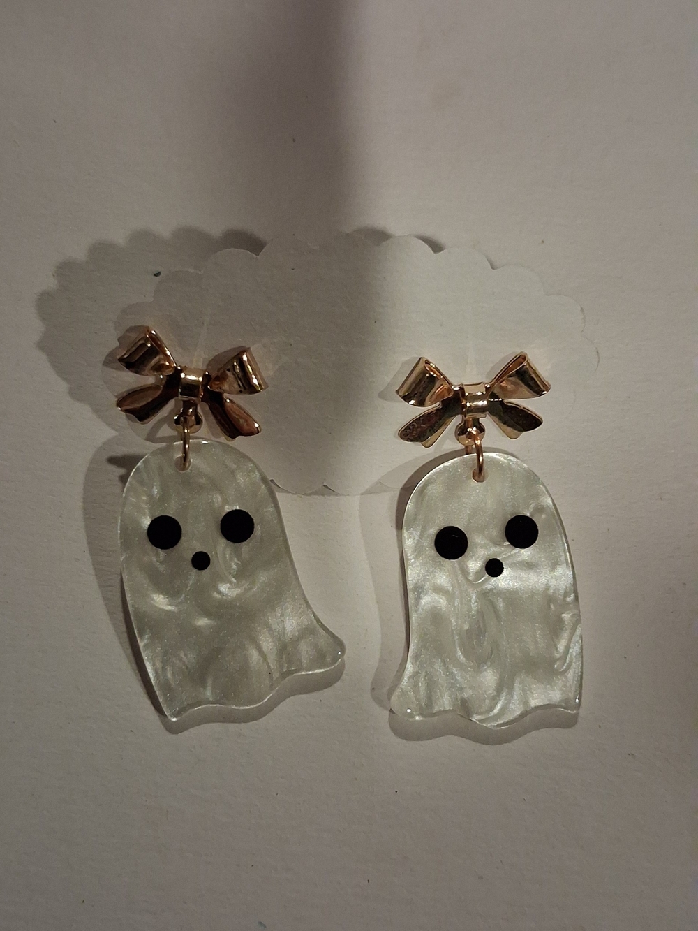 Gold Bow White Pearl Ghost Drop Earrings for Kids